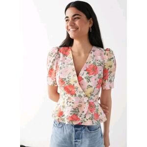 & OTHER STORIES pink orange yellow floral peplum blouse Sz 6 puff shoulder